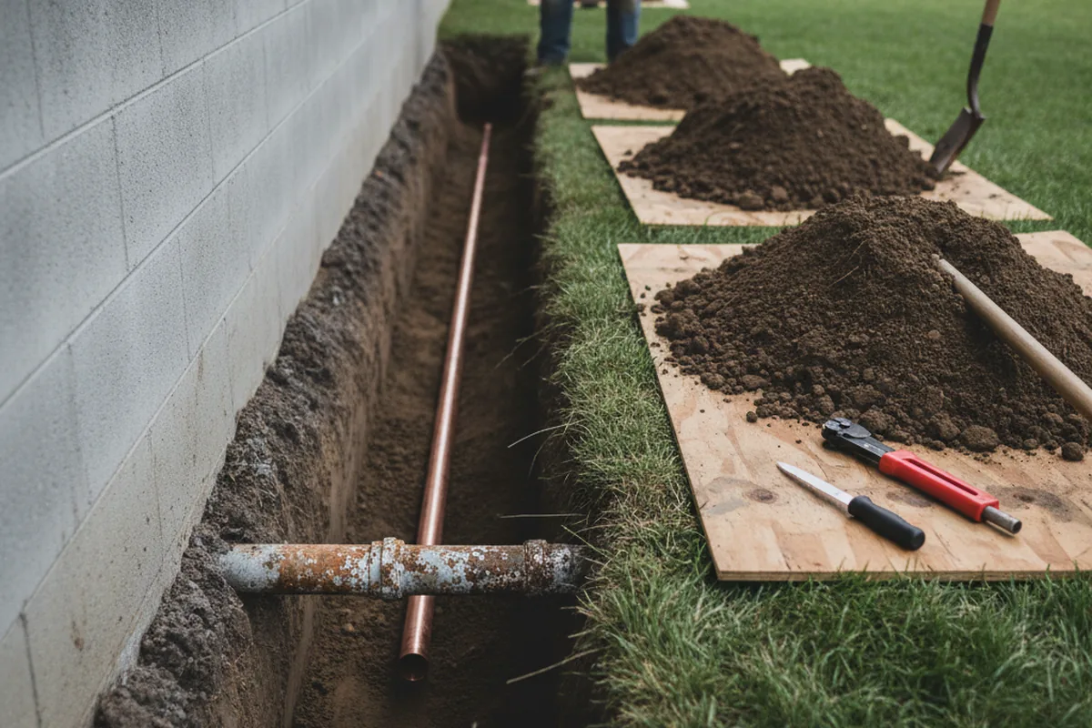 Excavated water line trench during Water Heater Repair in Payette